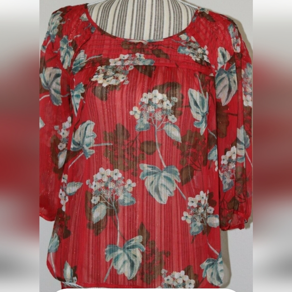 4/$12 LC Lauren Conrad Red Sheer Half Sleeve High Front Low Back Floral Blouse